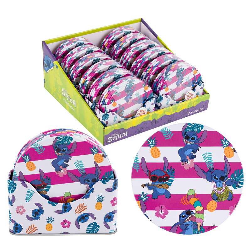 Deluxe Import Trading - Vente Sous-verre - Ensemble de 7 sous-verres 3,75" Stitch - Rayures roses0