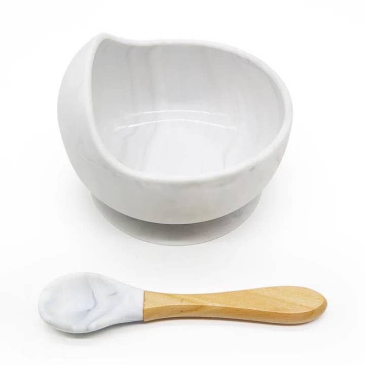 Ensemble bol à ventouse et cuillère en silicone - Marbre blanc pour la vente par For My Precious Baby