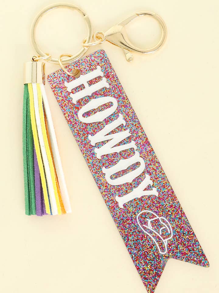 Howdy Long Strip Glitter Acrylic Fringe Keychain for wholesale by SP Sophia Collection