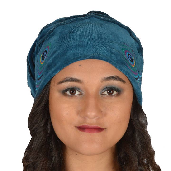 Dalfiya - Wholesale Fashion Headband - Women's - Peacock Feather Embroidered Cotton Velvet Slouch Hat