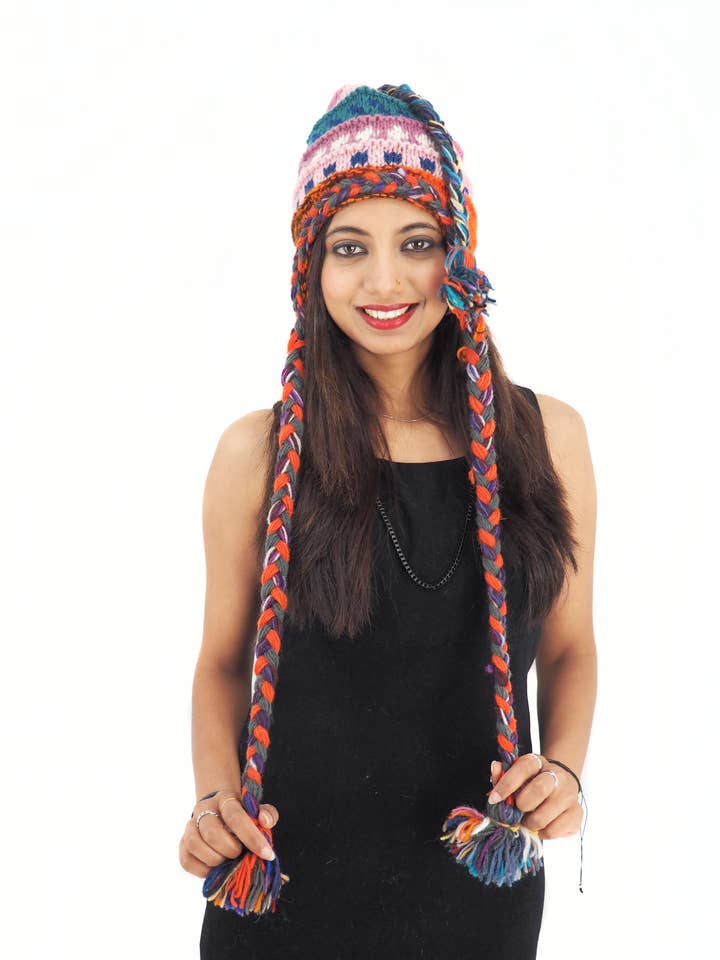 Handmade Crochet Hand Knitted Boho Hippie 100% Wool Fleece Lined Hat 6051 for wholesale by Purple Boho