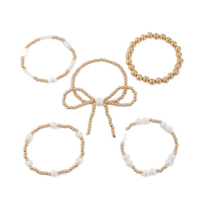 Yellow Gold Bow Beaded Multi-Layer Bracelet Set for wholesale on Faire4