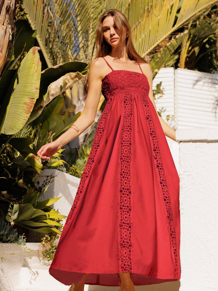 Burgundy LD1805 Crochet Accent Maxi Dress for wholesale on Faire0