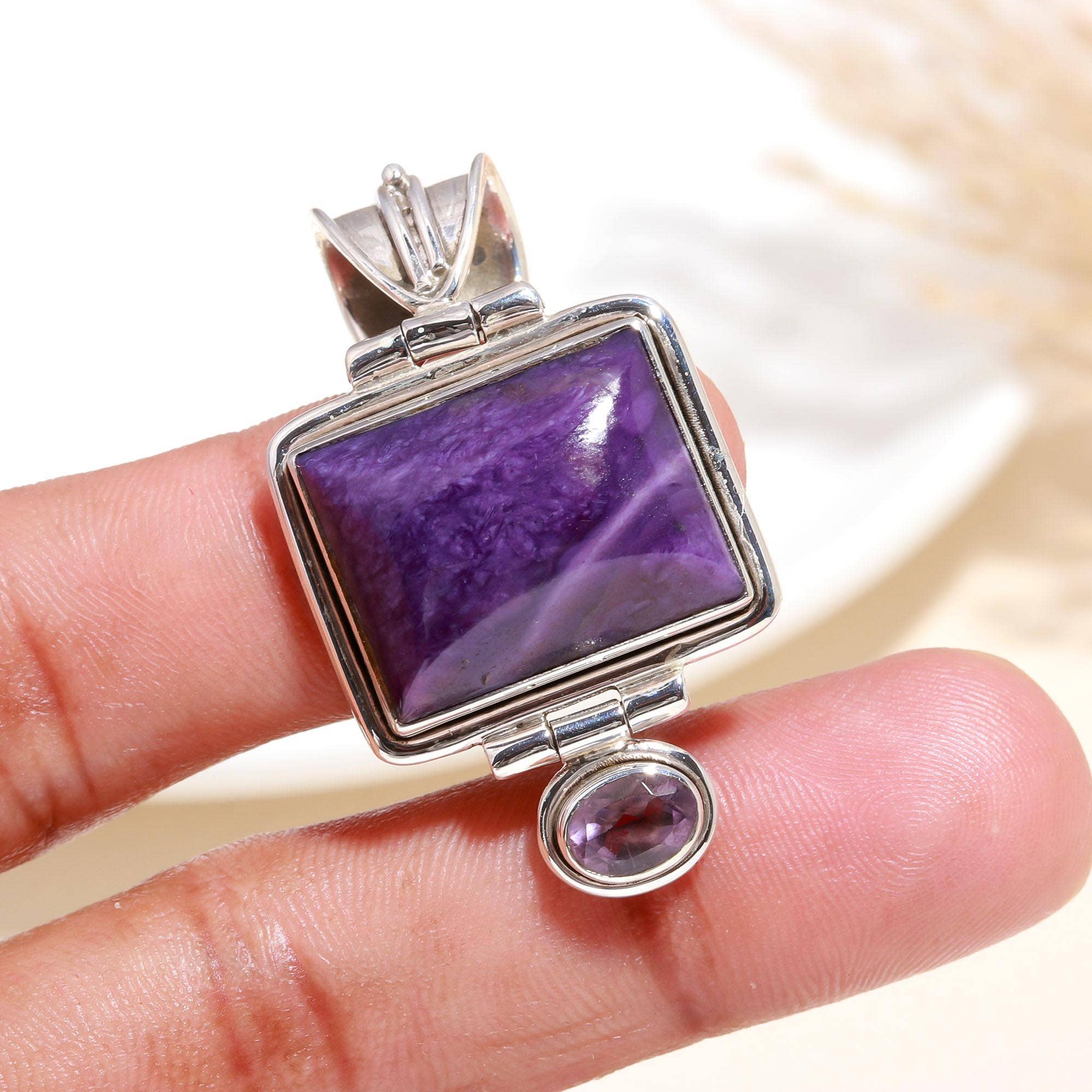 AG 925 JEWELLERY - Wholesale Locket Necklace - 925 Sterling Silver Vintage Locket Purple Charoite Pendant1
