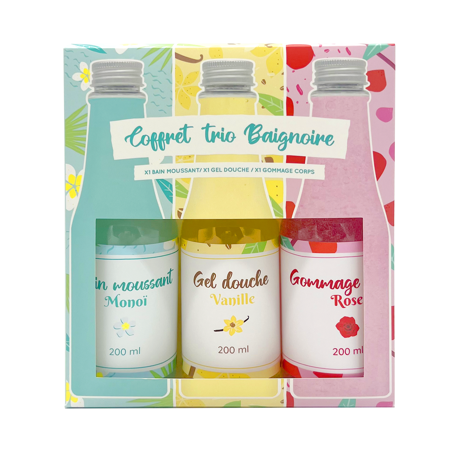 FRENCH TENDANCE - Venta al por mayor Gel de ducha/baño - Set de gel de ducha de vainilla, baño de burbujas monoi, exfoliante de rosas2