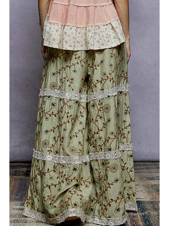 Pol Clothing - Wholesale Pants - Women's - Crochet lace patch embroidered woven floral pattern pants12