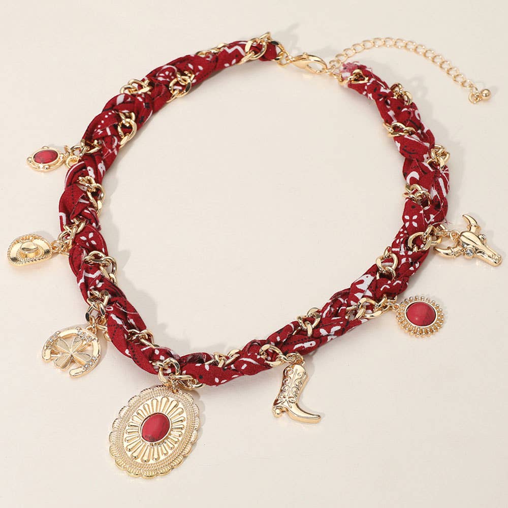 Sensibling Corp. - Wholesale Pendant/Charm Necklace - Western Themed Charm Fabric Braided Necklace0