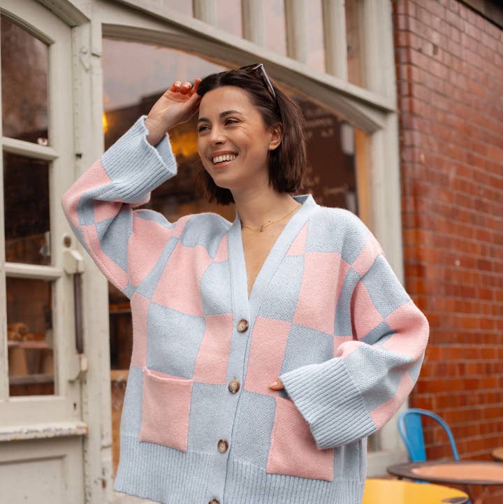 Candice Checked Wide Sleeve Cardigan - Pink & Blue for wholesale by Cara & The Sky