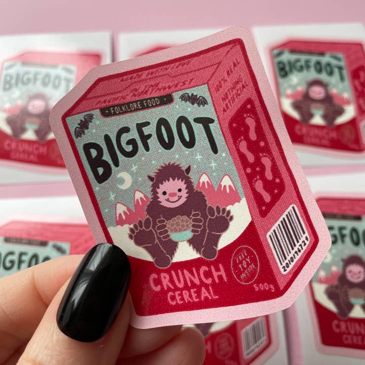 Bigfoot Cereal Cryptid Gothic Vinyl Sticker for wholesale by Wendy Stephens Art
