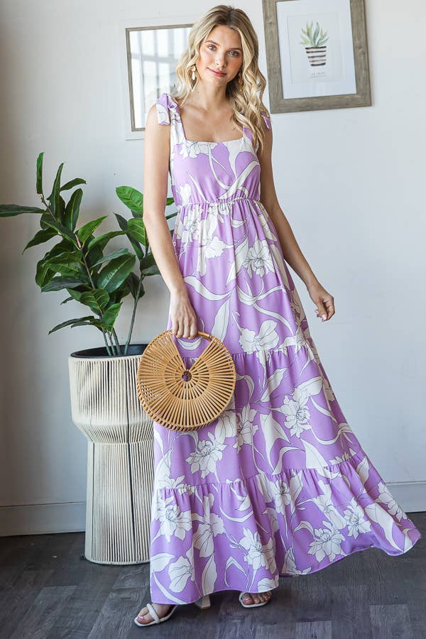 7th Ray - Vendita all'ingrosso Vestito - Donna - Vestito lungo a balze con spalline a fiocco e scollo quadrato floreale D59297