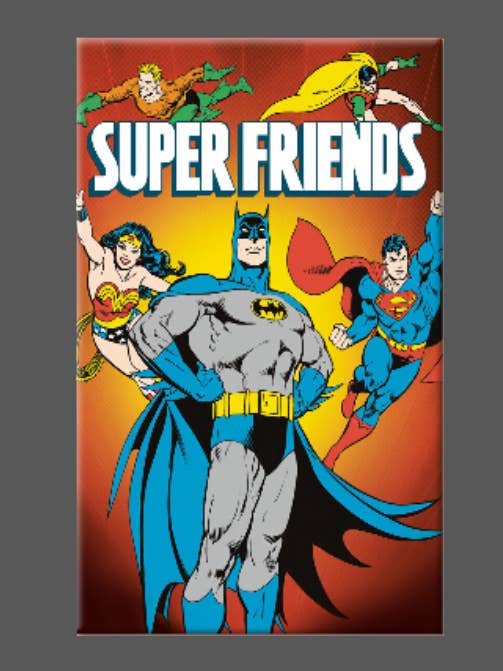 Super Friends, aimant, bouton, miroir, bande dessinée, affiche pour la vente par Ba Ba Buttons