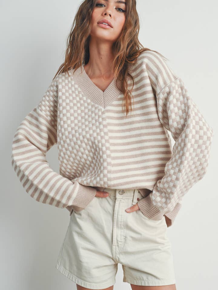 BUTTERMELON - Wholesale Knit Sweater - Women's - Frenchy Checker Pattern Drop Shoulder Sweater - BMW7311