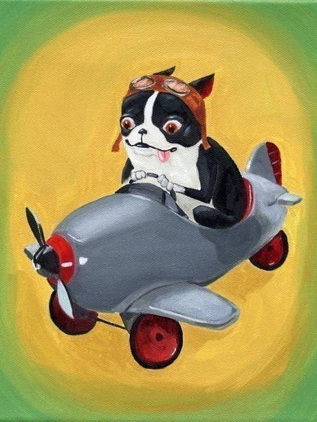 Boston Terrier, pedaalvliegtuig, kunstdruk met honden voor wholesale door Brian Rubenacker studios