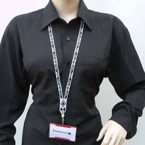 BEADS CORNER - Vente Lanière – femme - Porte-badge en perles de verre bleu noir blanc fait main1