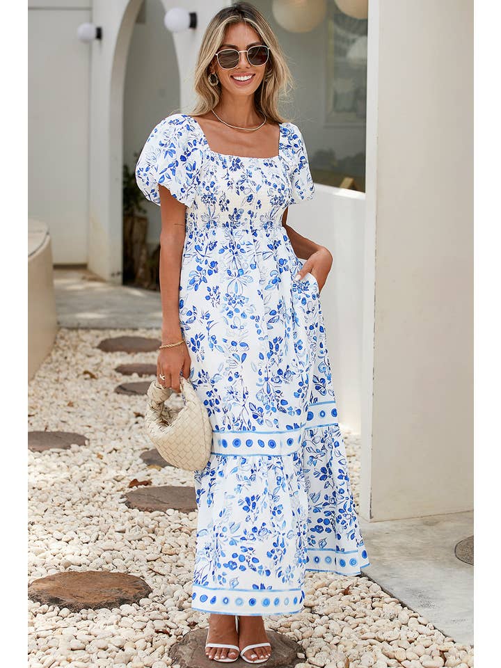 Sky Blue LDC Floral Print Square Neck Bubble Sleeve High Waist Dress for wholesale on Faire