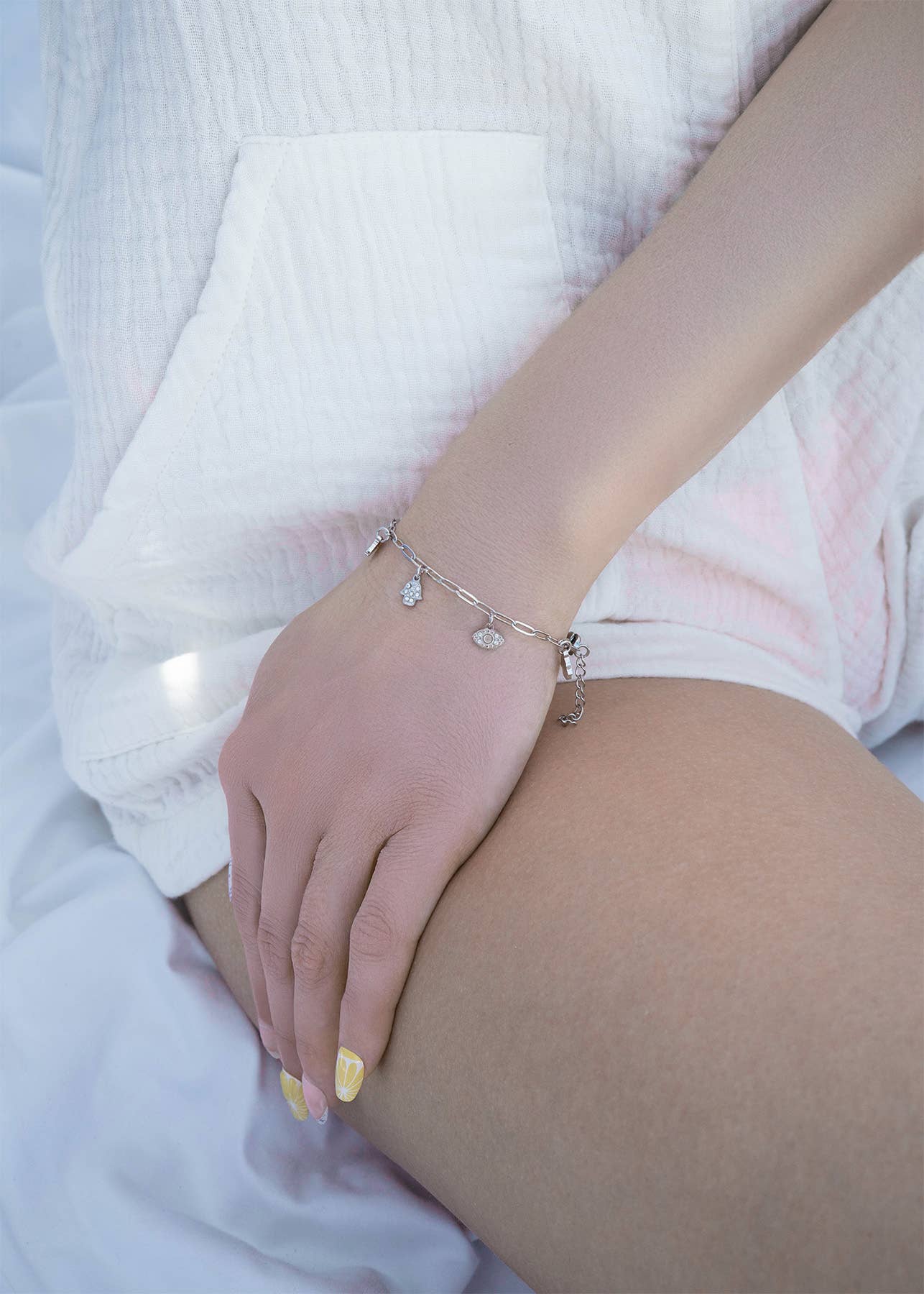 WJW - Wholesale Charm/Dangle Bracelet - 18K Gold PVD Hamsa & Evil Eye Paperclip Chain Charm Bracelet4