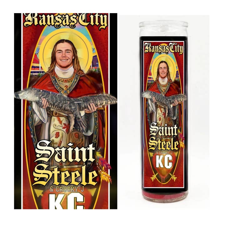 Saint Steele Prayer Candle for wholesale by Kitschup Creations