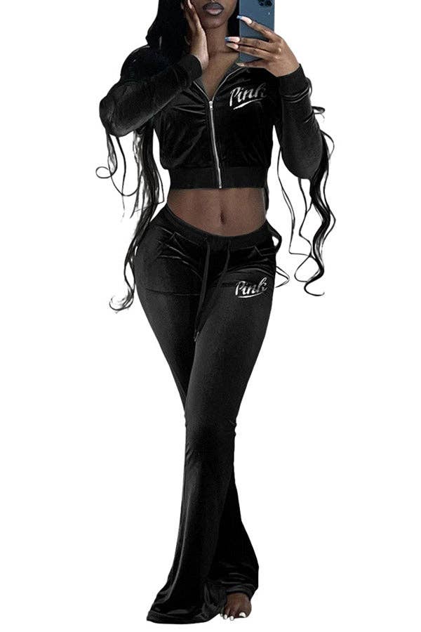 MB Fashion Wholesale - Wholesale Tracksuit - Women's - MB FASHION Velvet Zip-Up Jacket and Wide-Leg Pant Set 218R3