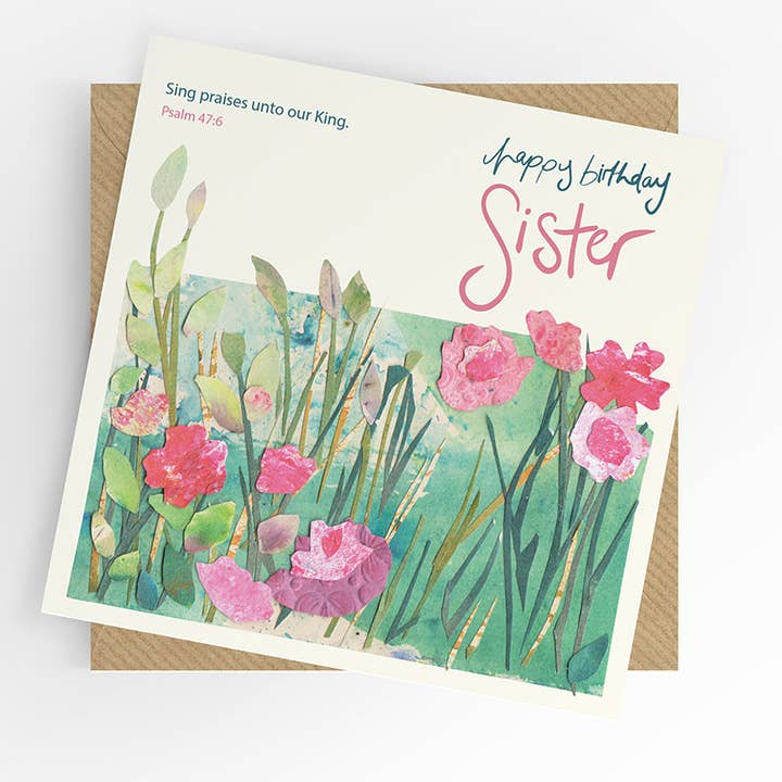 Scripture verse Sister birthday card, pink flowers for wholesale by Under the Willow Tree