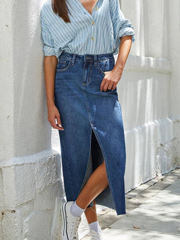 High-Waisted Hip-Splitting Denim Skirt for wholesale by HIDDENBRAND