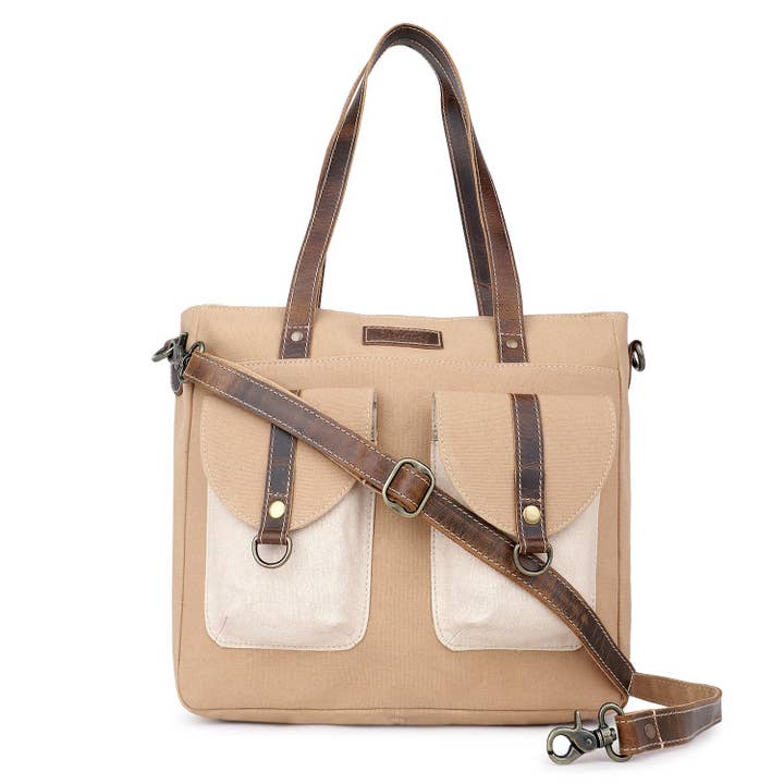 Canvas & Leather Women's Tote Bag - Tan/Linen for wholesale by Sixtease Bags USA