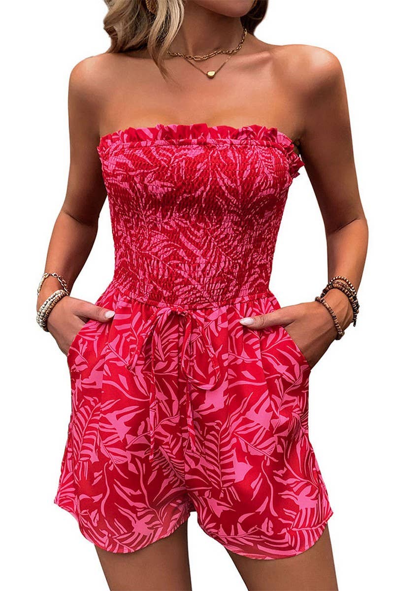 Red CWSJS0834_OFF-SHOULDER ELASTIC PRINTED TUBE TOP JUMPSUIT for wholesale on Faire4