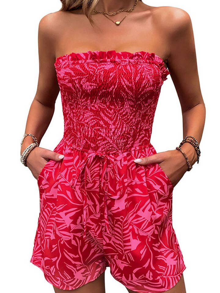 Red CWSJS0834_OFF-SHOULDER ELASTIC PRINTED TUBE TOP JUMPSUIT for wholesale on Faire4