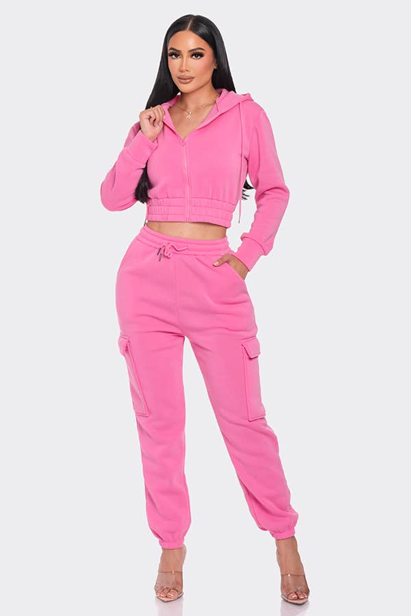 Lime All the Time – Engroshandel Top- og buksesæt (IKKE Loungewear) - Dame – 2 stk beskåret lynlås hættetrøje og Cargo Jogger Bukser Sæt14