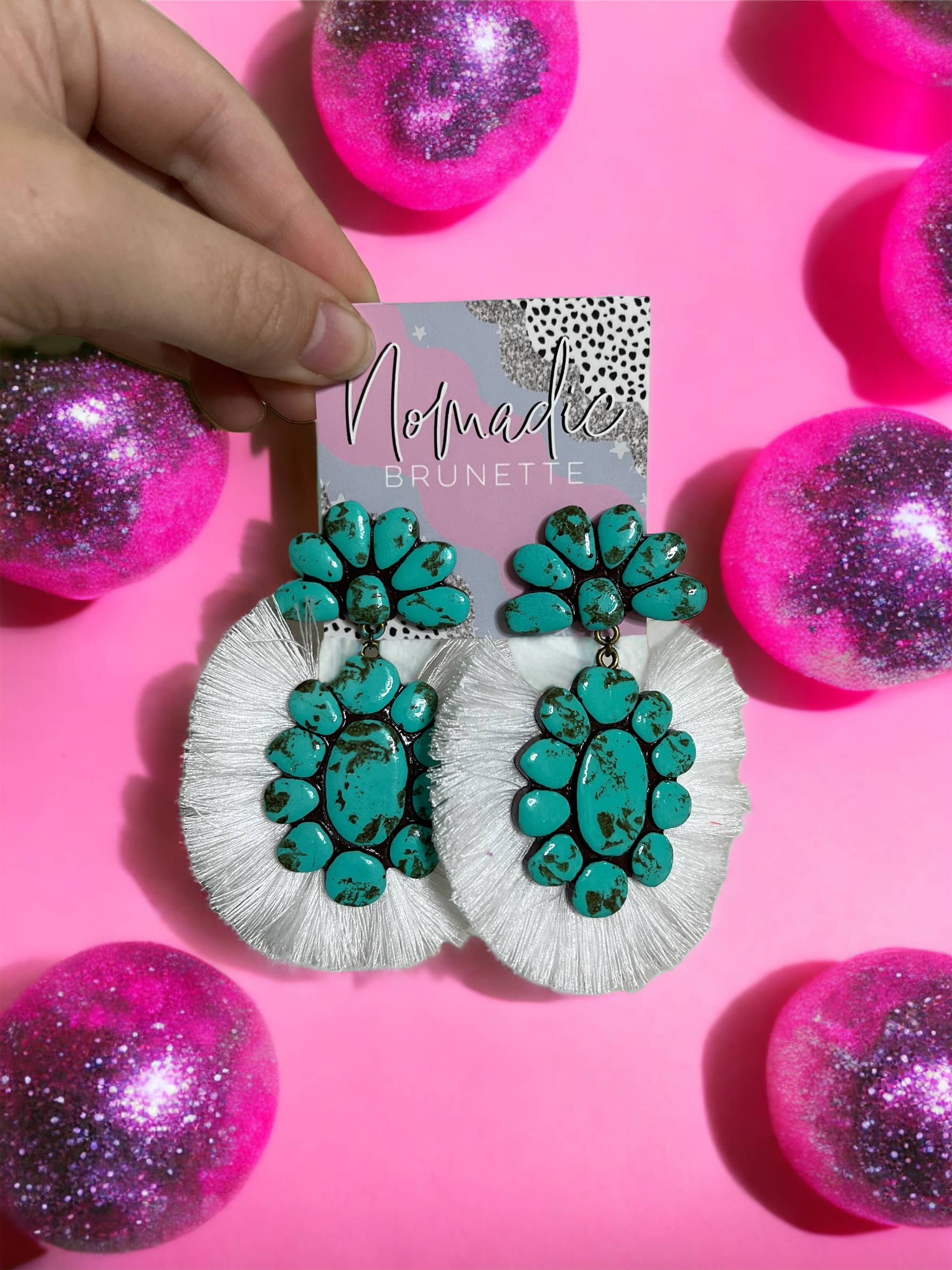 Nomadic Brunette - Wholesale Dangle Earrings - The Roan Earrings - Turquoise With White Fringe3