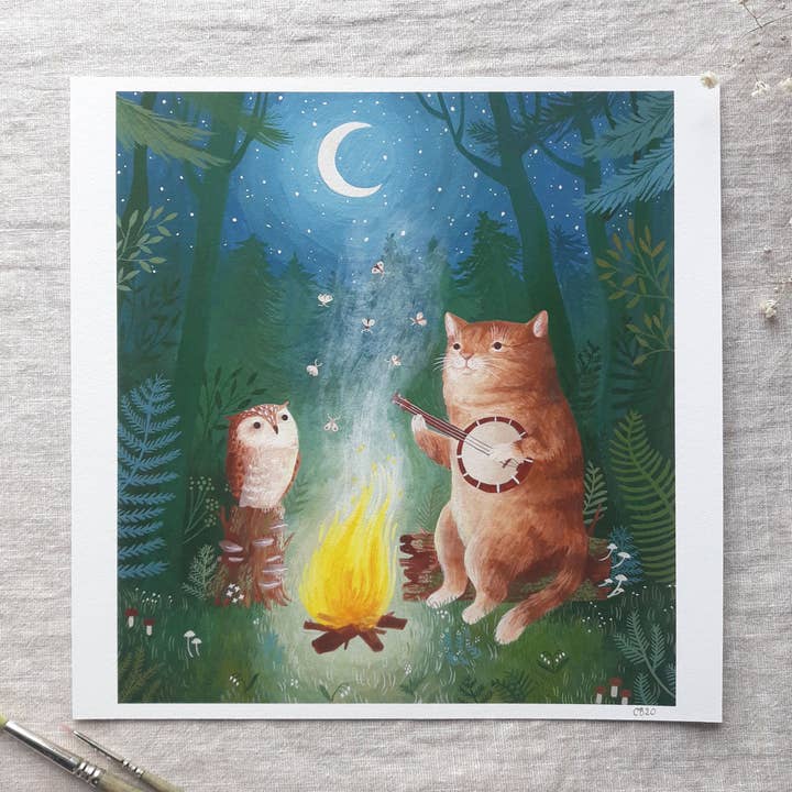 Cat and owl print for wholesale by Cécile Berrubé