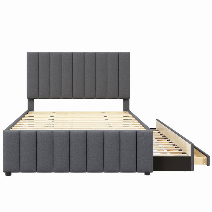 Gray Upholstered Platform Bed with Trundle & 3 Drawers, Linen for wholesale on Faire8