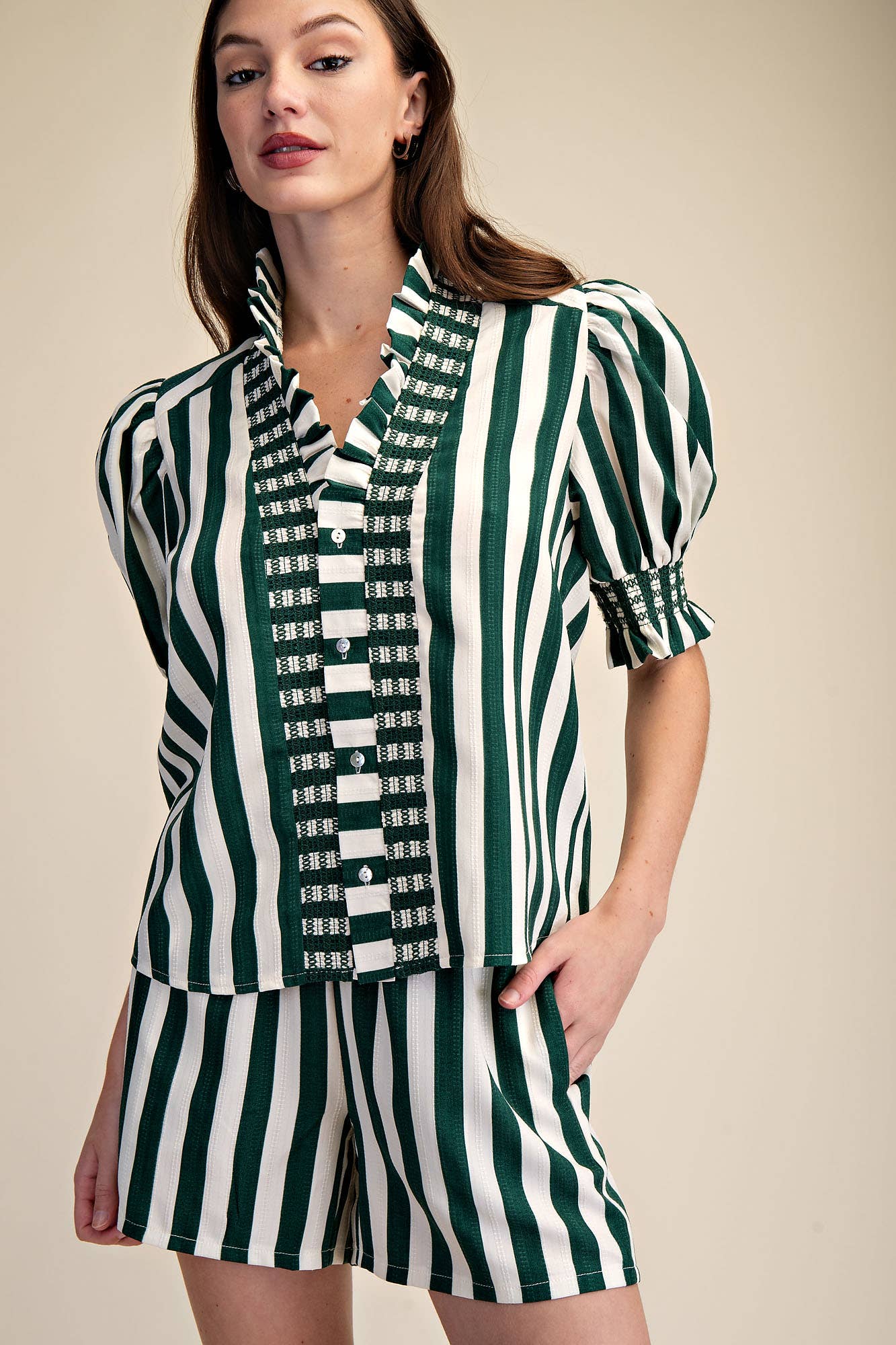 Glam - Wholesale Blouse - Women's - Ruffle V-Neck Smocked Puff Sleeve Blouse2