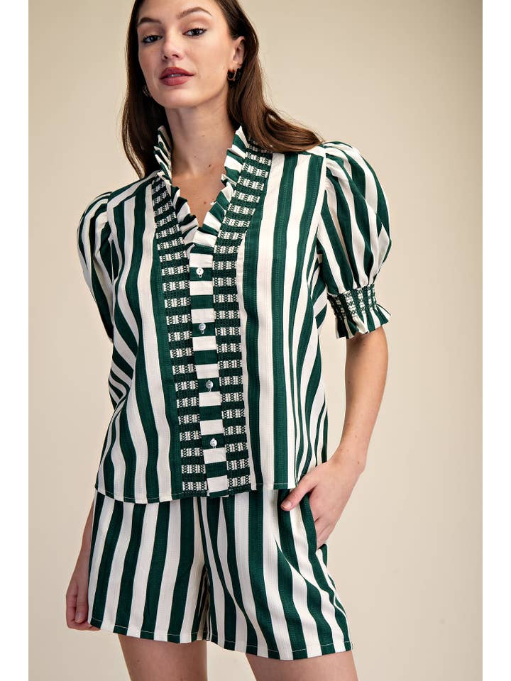 Glam - Wholesale Blouse - Women's - Ruffle V-Neck Smocked Puff Sleeve Blouse2