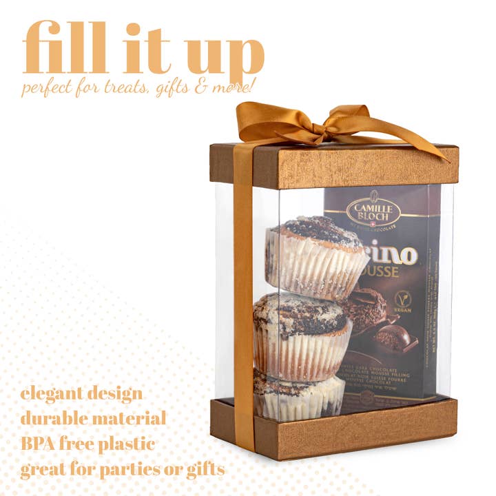 Hammont - Wholesale Gift Box - Clear Plastic Gift Boxes 6 Pack Bakery Boxes Gold