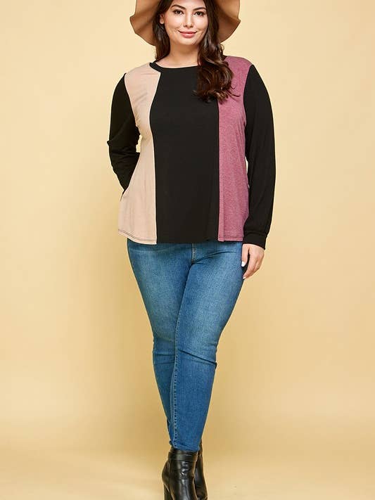 ETK-8654-PL Haut décontracté à manches longues et blocs de couleur grande taille pour la vente par Emerald Collection