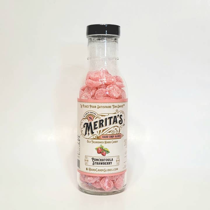 Ponchatoula Strawberry Glass bottle for wholesale by Ms. Merita's Hard Candy Slides
