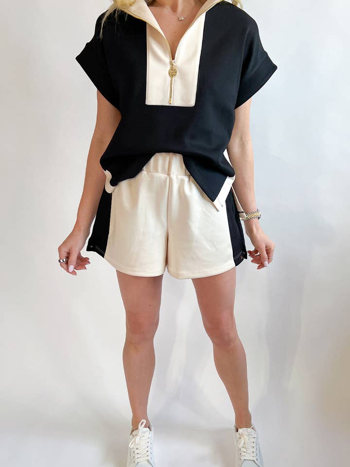 Black Contrast Zipped Stand Collared T Shirt and Short Set for wholesale on Faire2