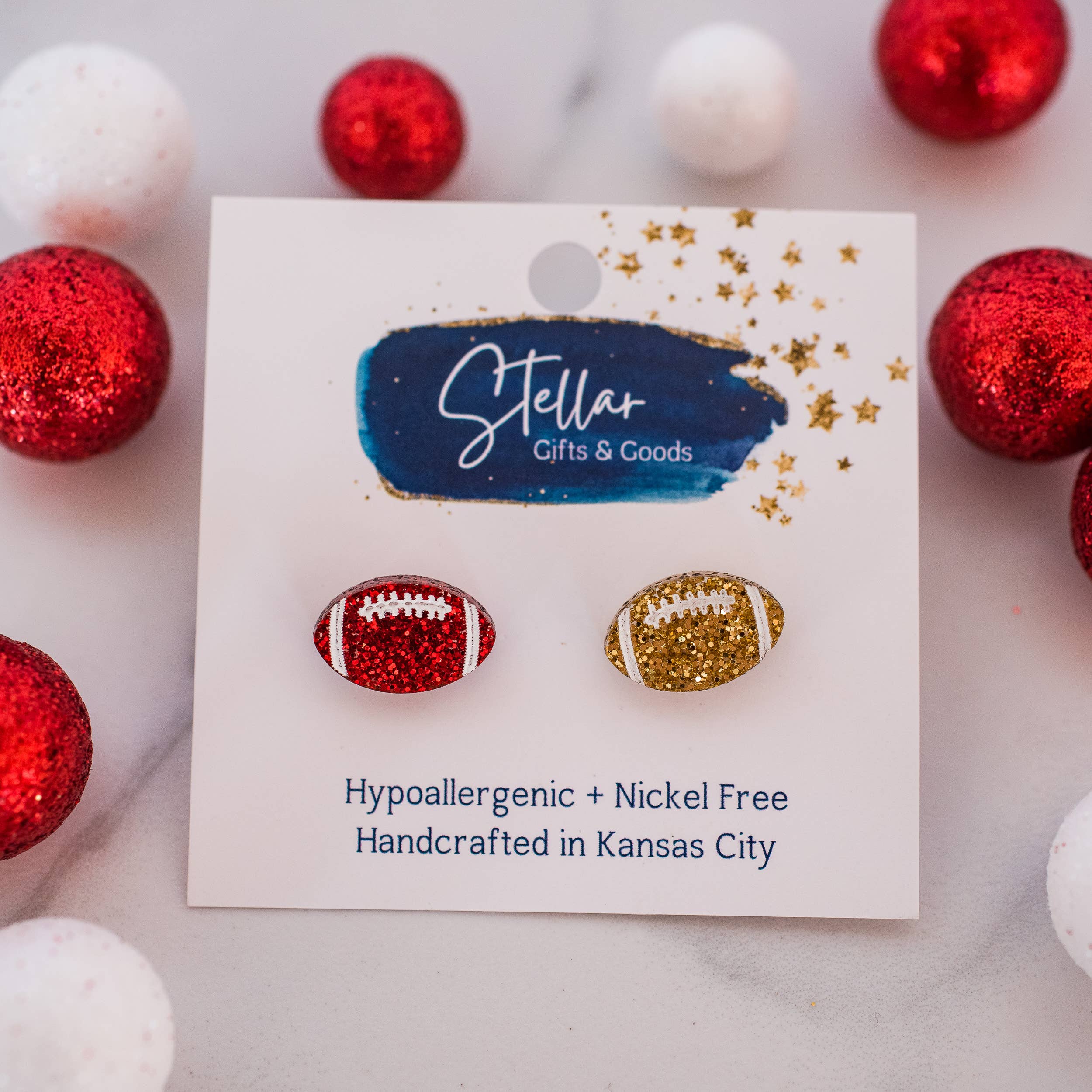 Stellar Gifts & Goods Wholesale - Wholesale Stud/Post Earrings - KC Football - Glitter Hand Painted Football Studs Red & Gold2