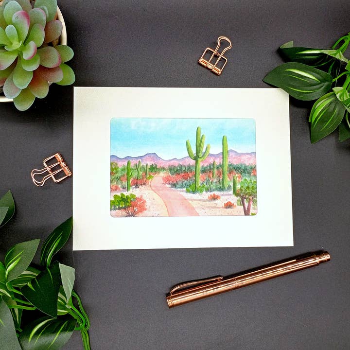 Desert landscape with Saguaro cactus; watercolor card for wholesale by Kathryn Paul Fine Art
