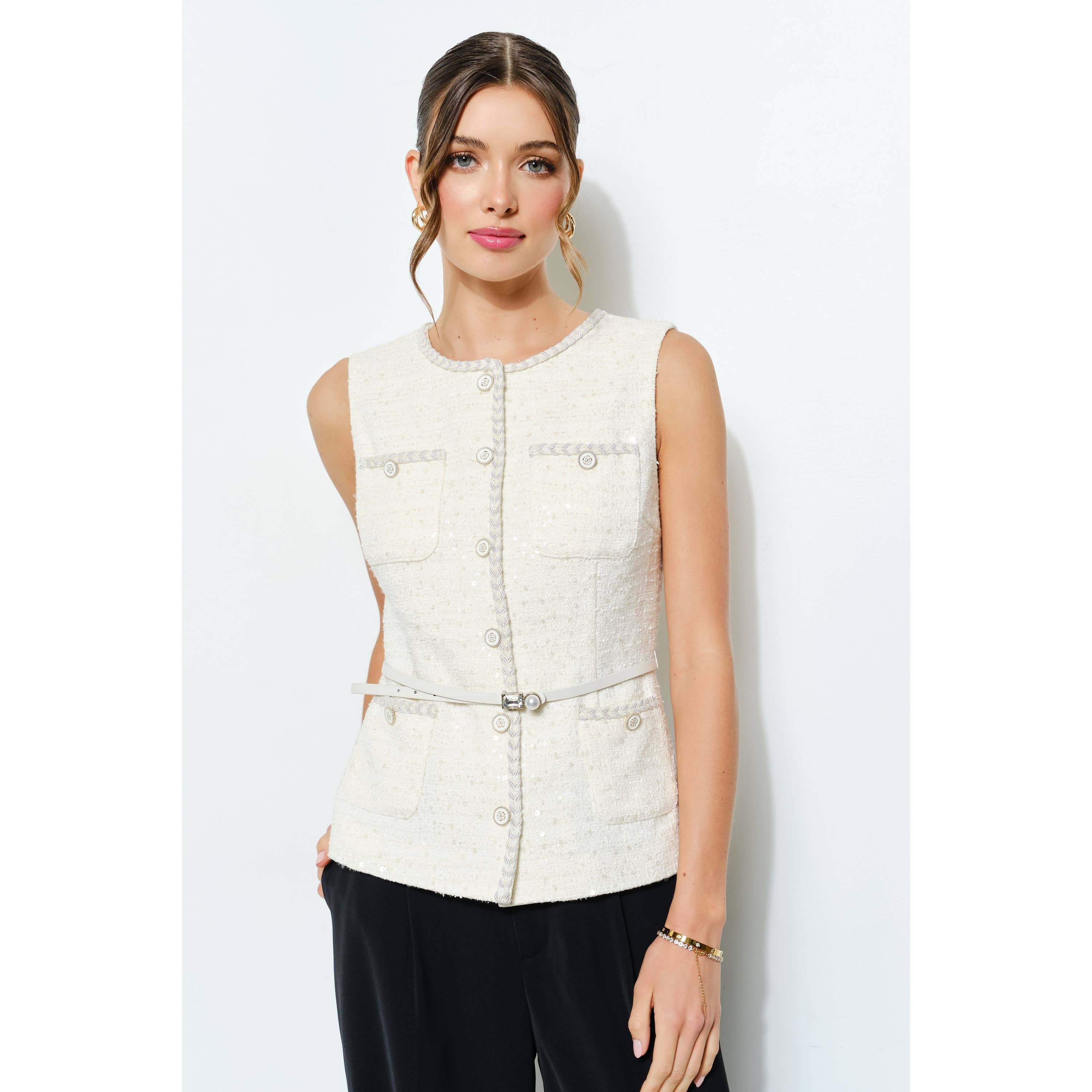 INA - Vente Veste – femme - Haut sans manches en tweed à sequins ceinturé1