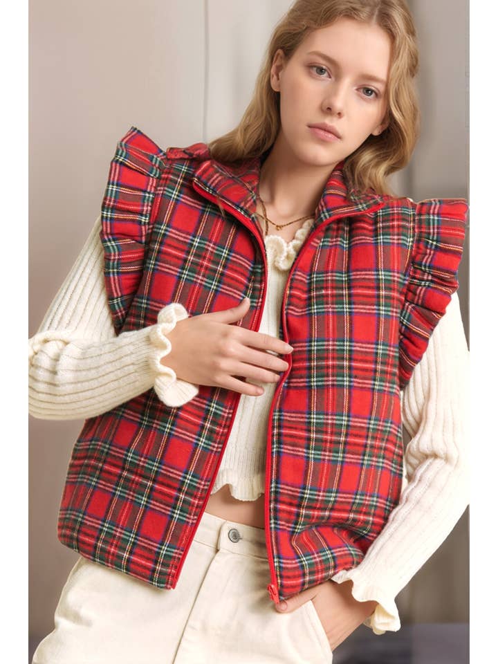 RED EVERYDAY PLAID PUFF ZIP UP VEST JACKET with ARMHOL for wholesale on Faire