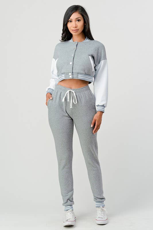 Lime All the Time - Wholesale Lounge Set - Women's - Cropped Varsity Jacket and Jogger Pants Set15