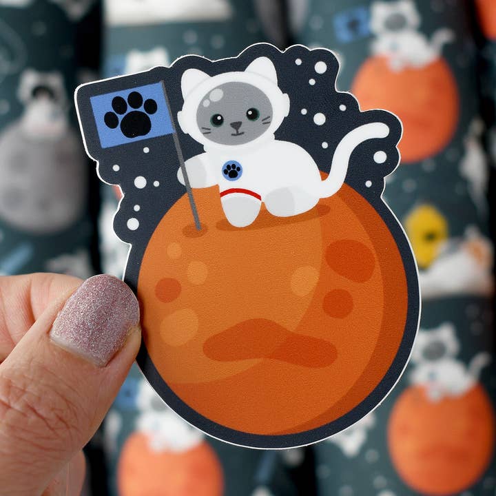 Cat Astronaut 3-in. Vinyl Sticker for wholesale by Chester and Pearl