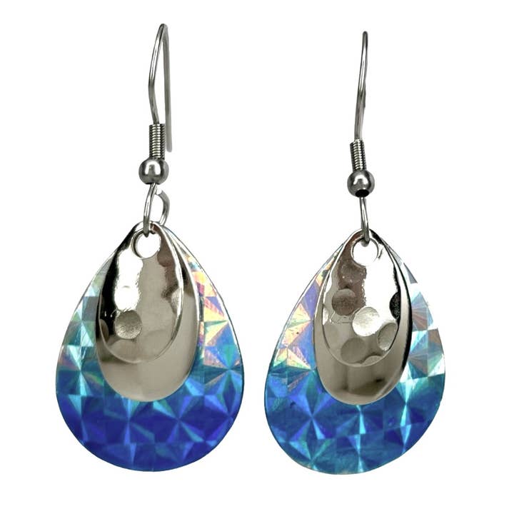 Eye Catching Jewelry - Wholesale Dangle Earrings - Blue Iridescent Earrings Maine Made Fishing Lure Jewelry USA