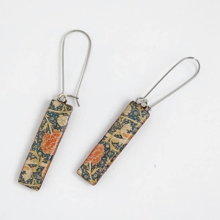 Washi Tape William Morris Orange and Blue Skinny Earrings for wholesale by Sweet Space Studio