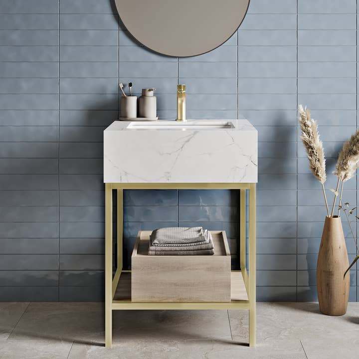 Beau 24" Freestanding, Bathroom Vanity in Oak and Calacatta for wholesale by Swiss Madison