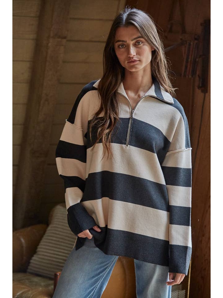 By Together - Wholesale Knit Sweater - Women's - W2199 | Knit Sweater Polyester Viscose Striped Turtleneck Dr