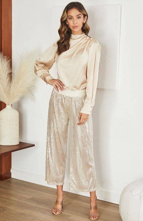 Beige GLITTER ELASTIC WAIST BAND SEQUIN PANT (01330) for wholesale on Faire3
