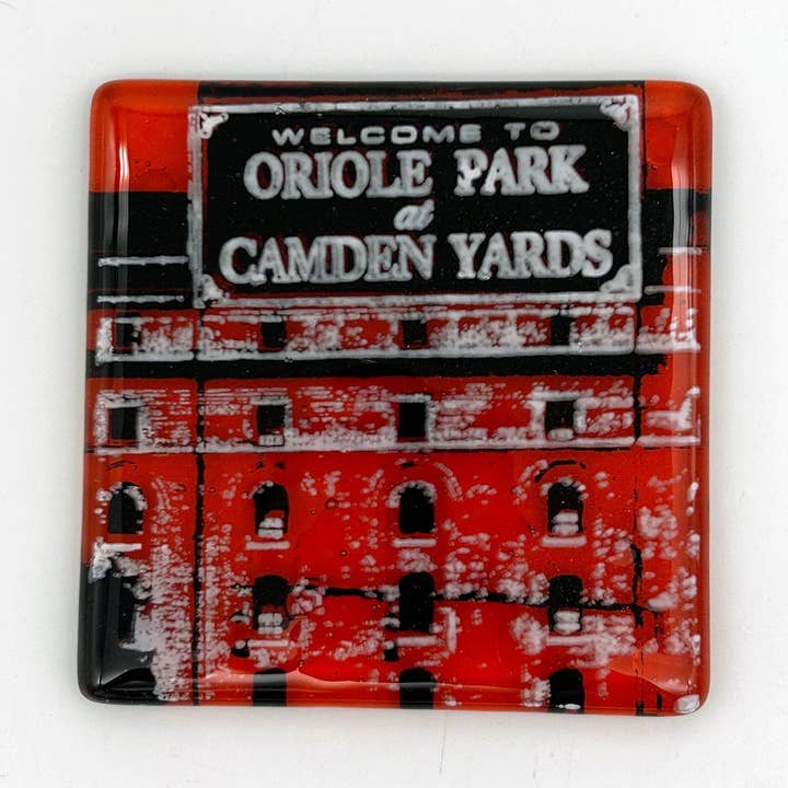 Baltimore Camden Yards Fused Glass 4" Single Coaster for wholesale by Kiku Handmade | Contemporary Fused Glass Home Goods