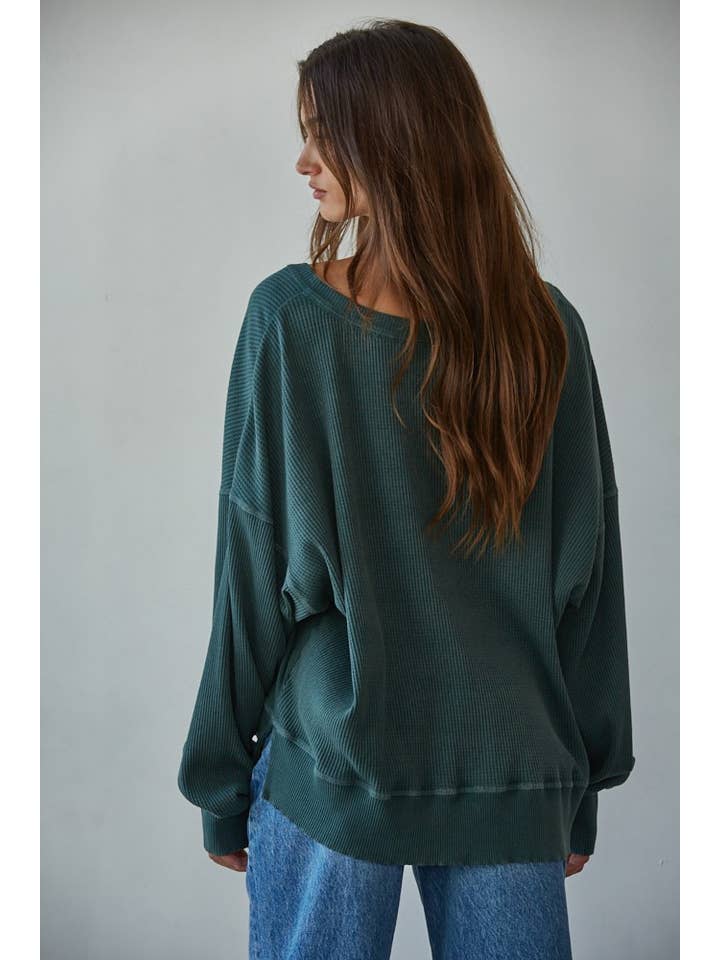 Hunter Green L8734 | Knit Drop Shoulder Long Sleeve Top with Side Slits for wholesale on Faire